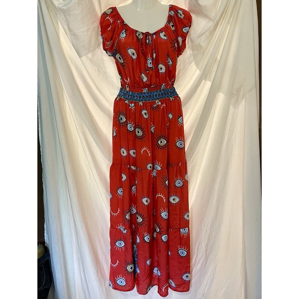 Royal Paisley Maxi Dress Women’s Size Large Red Bohemian Flow Fitted Casual Work